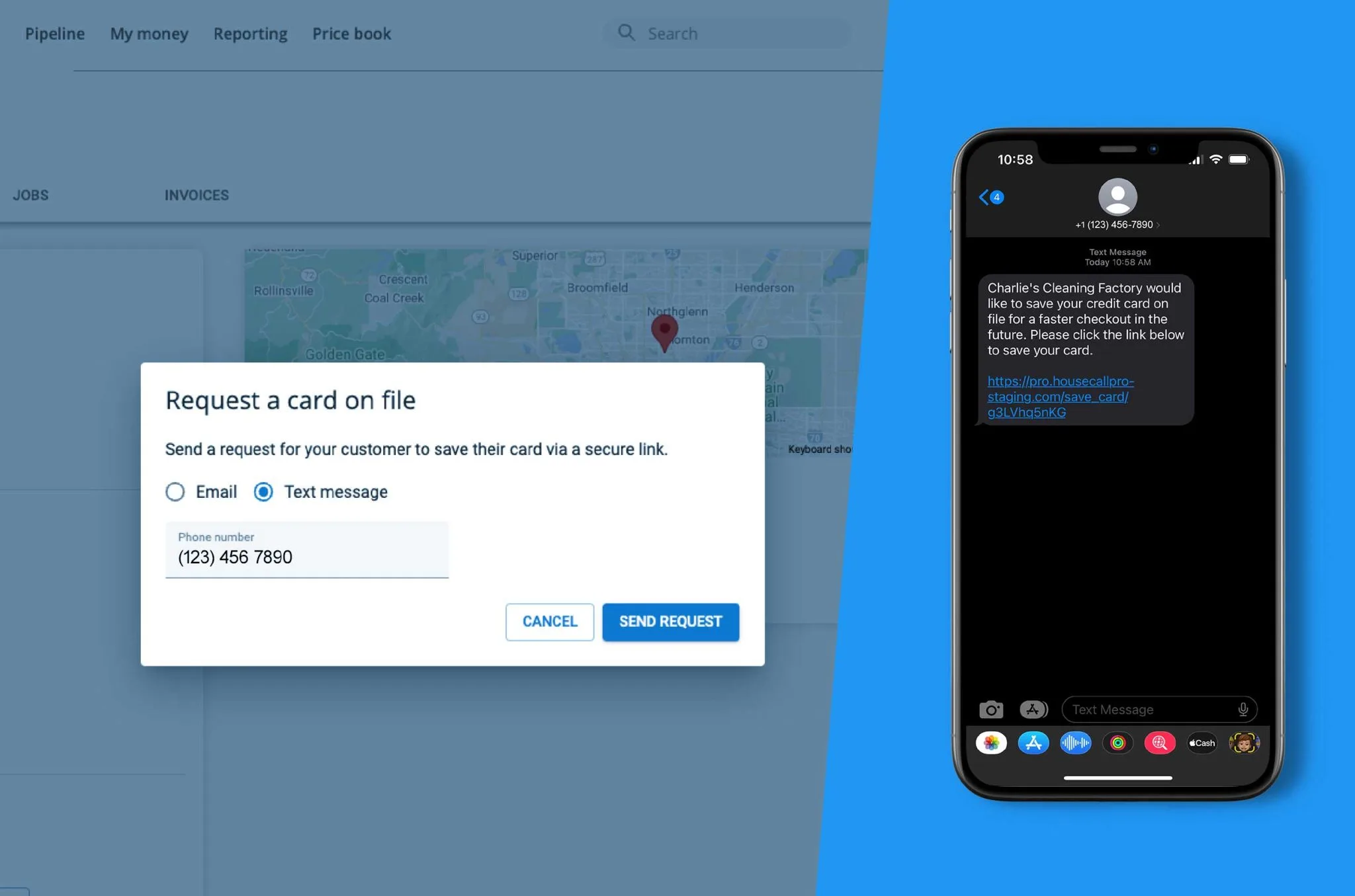 - Housecall Pro Request card on file mobile mockup and notification