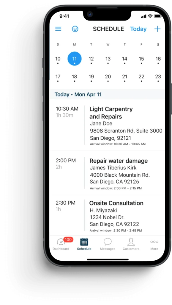 - Housecall Pro Iphone mock up of contractor Mon April 11 work schedule