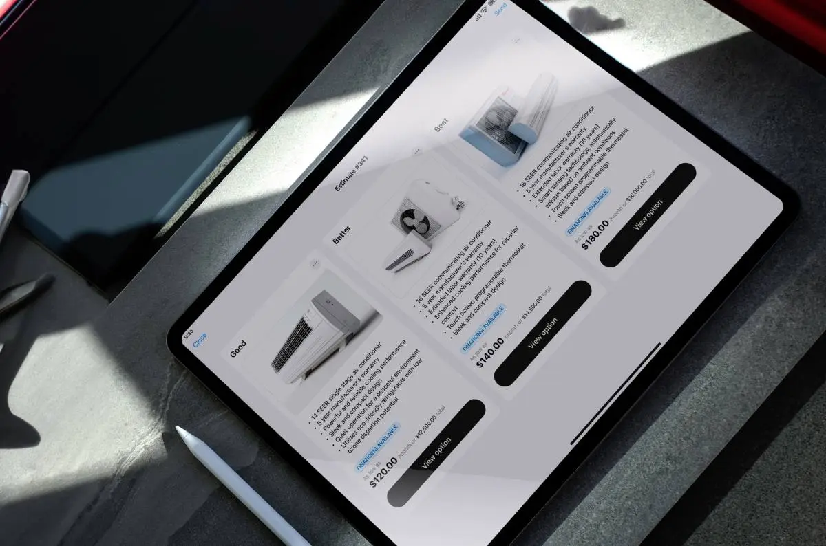 - Housecall Pro Good, Better, Best HVAC estimate mock up on tablet