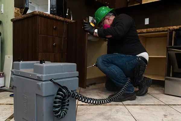 - Housecall Pro pest control pro spraying insecticide in kitchen cabinets