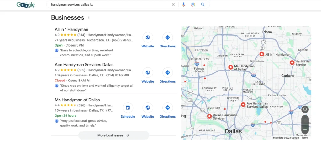 - Housecall Pro Handyman services dallas tx Google Local Map serp screenshot