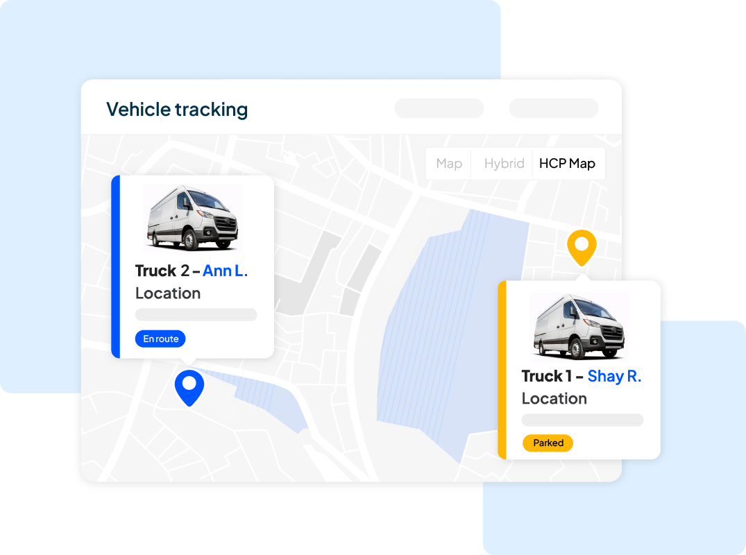 - Housecall Pro truck 1 + truck 2 vehicle GPS location on map