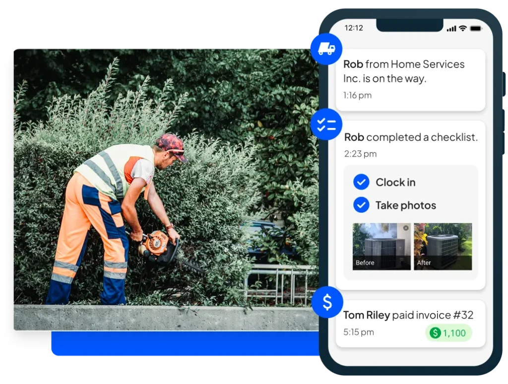 Landscaper trims bush + HCP landscaping software mobile view