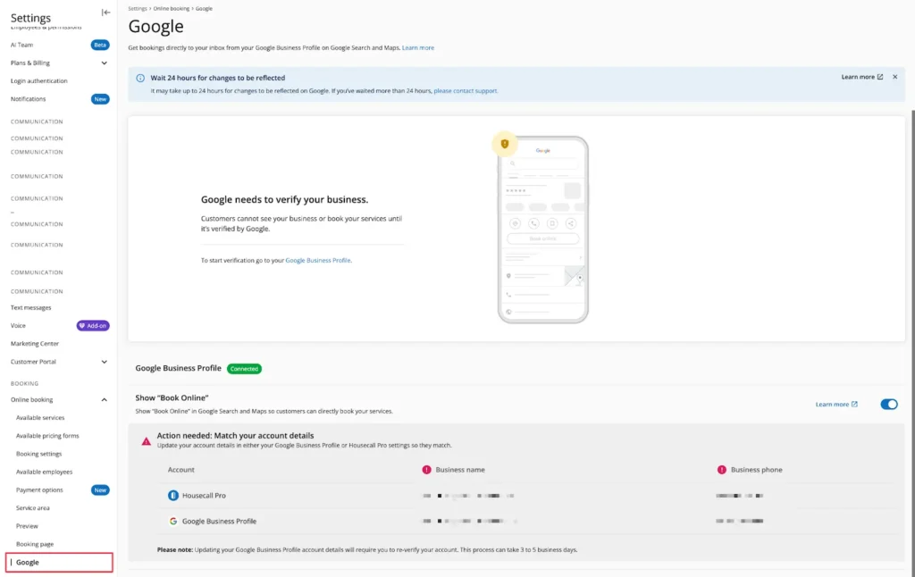 - Housecall Pro HCP + Google need to verify your business settings