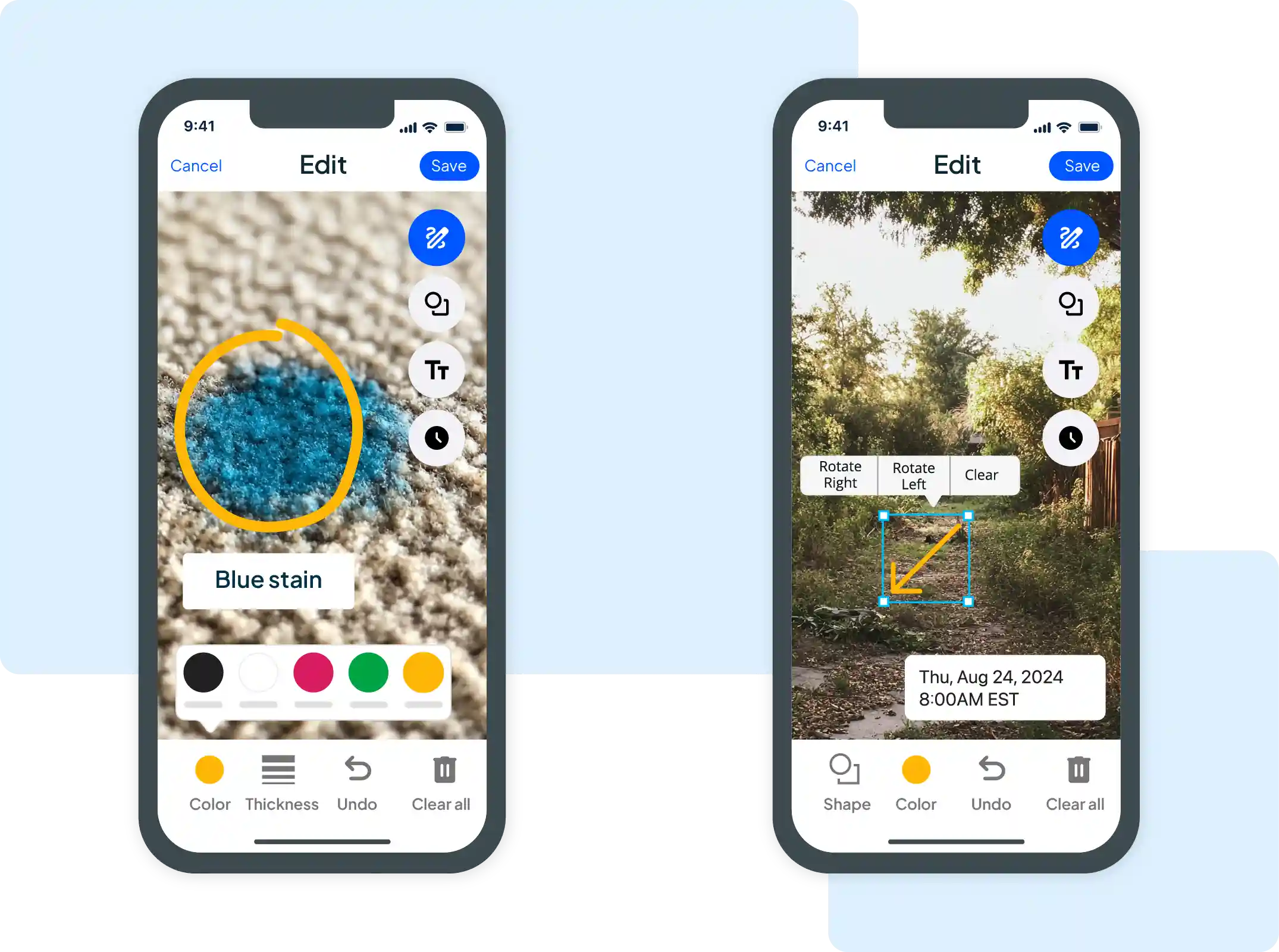 Edit screen for two different jobsite photos in HCP Cam with text and drawing notes