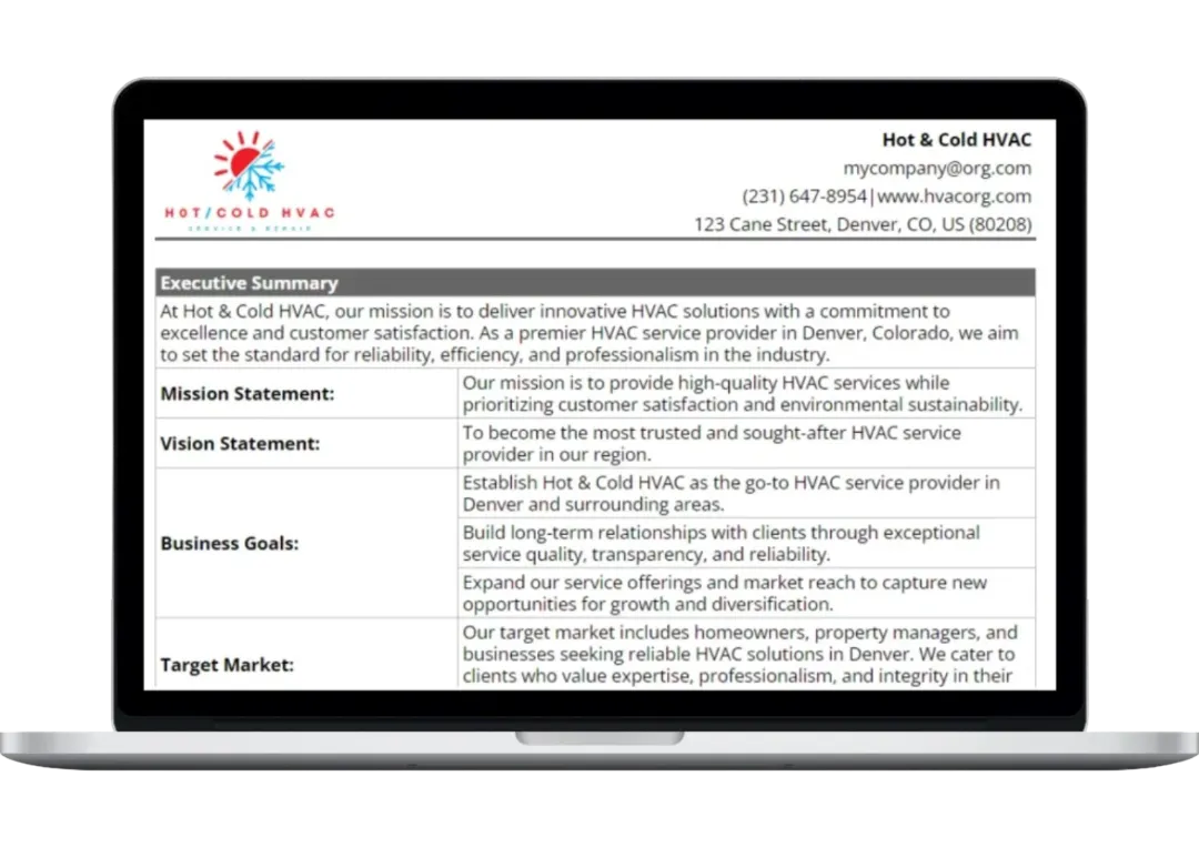 laptop showing the free HVAC business plan template from Housecall Pro
