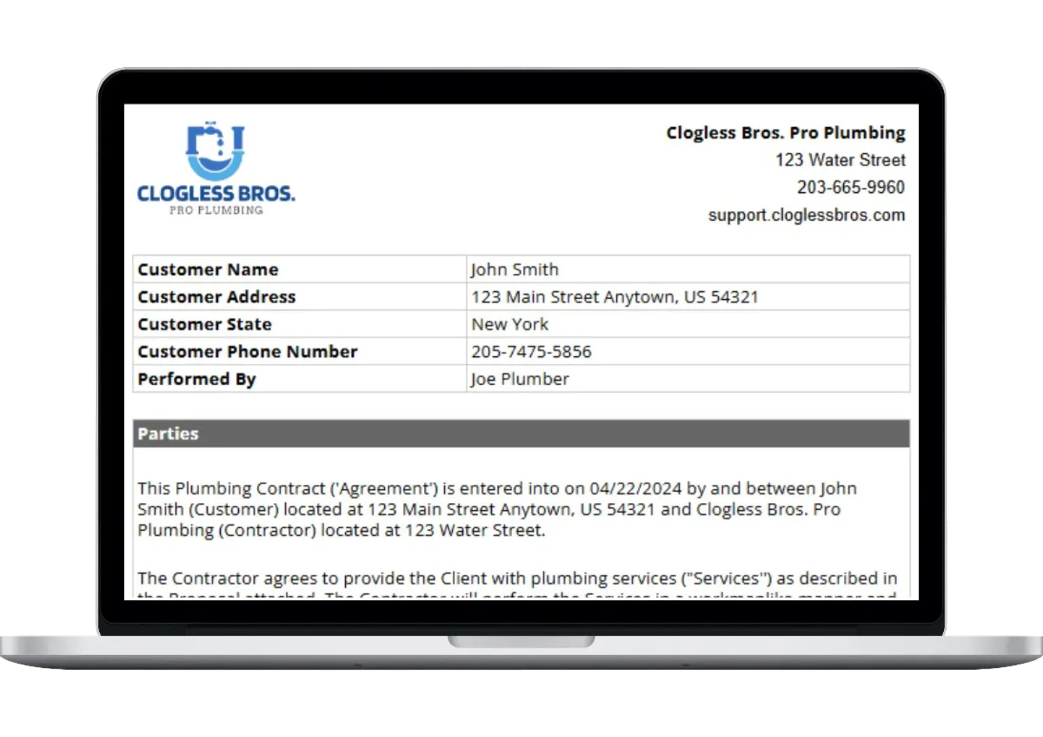 Free plumbing contract template from Housecall Pro
