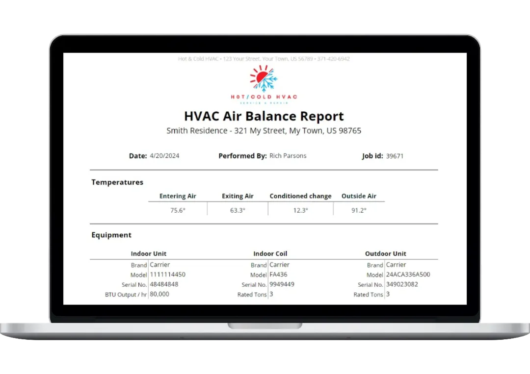 HVAC air balance report laptop mockup from Housecall Pro