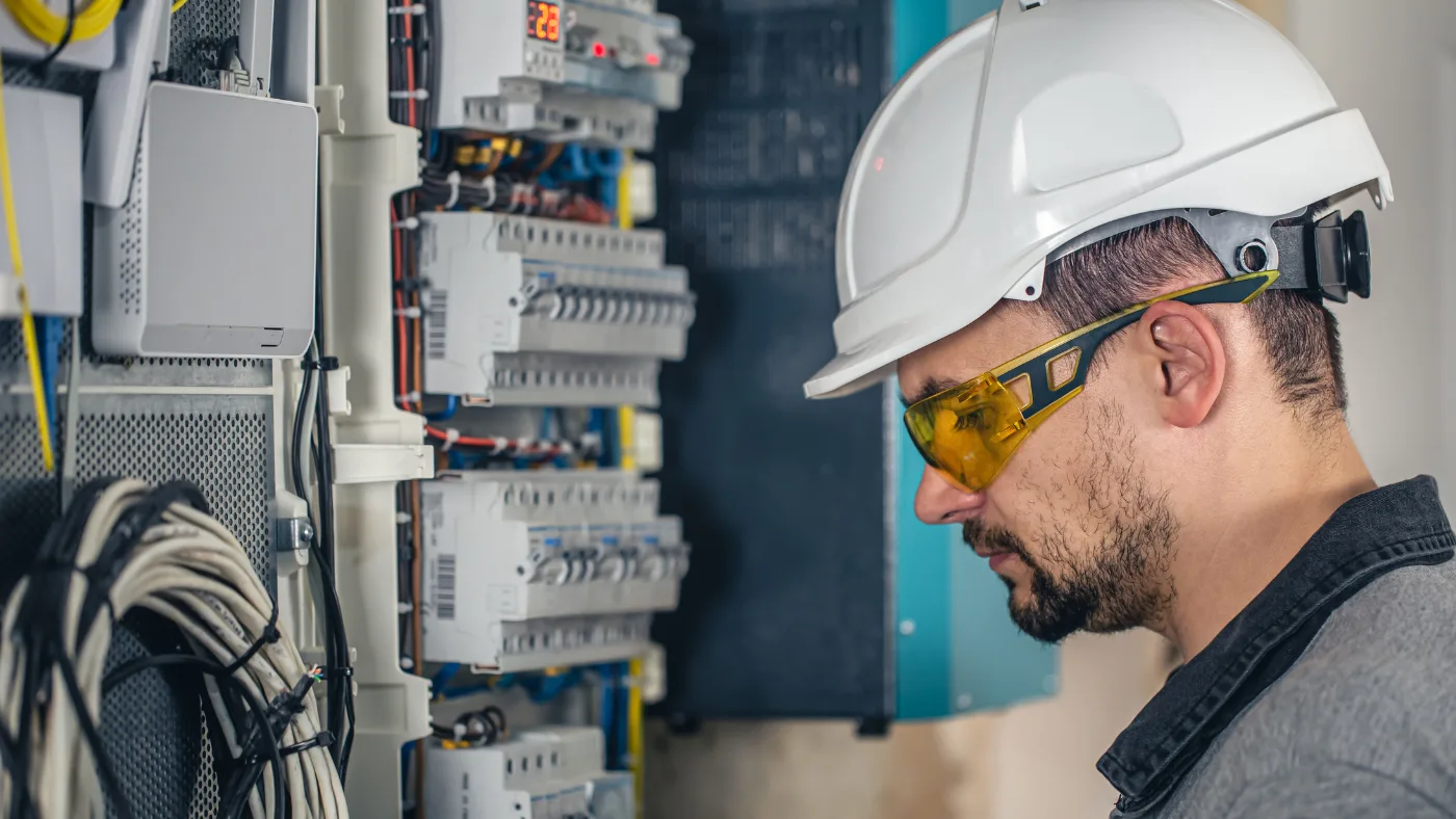 Man an electrical technician working in a switchboard with fuses