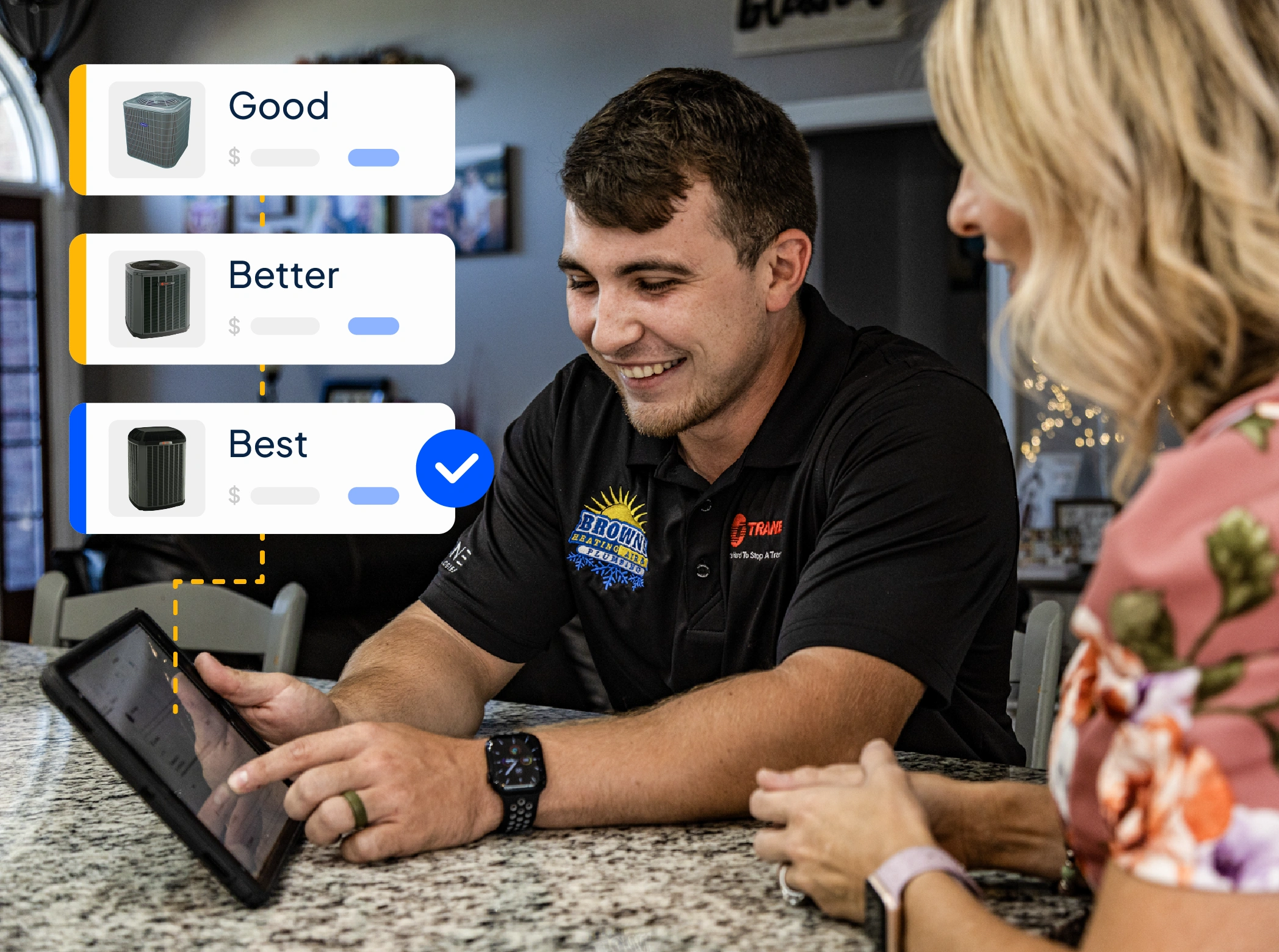 Technician presents "good, better, best" HVAC proposal to female customer on tablet device