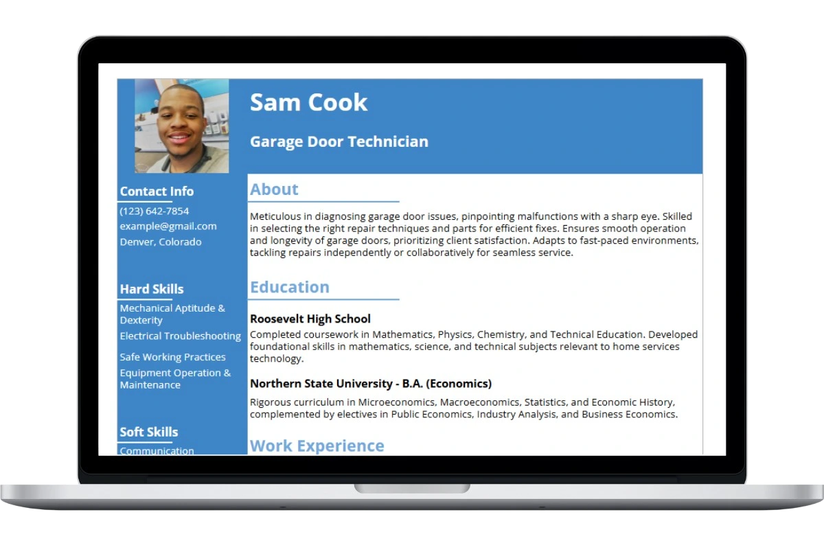 Garage Door Technician Resume Template for professional job applications