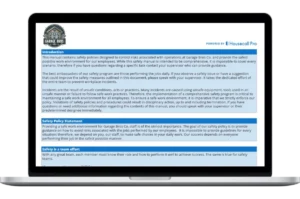 Laptop screen displaying a Garage Door Safety Manual Template with sections for Introduction, Safety Policy Statement, and Safety as a Team Effort, branded with Garage Bros Co. and powered by Housecall Pro.