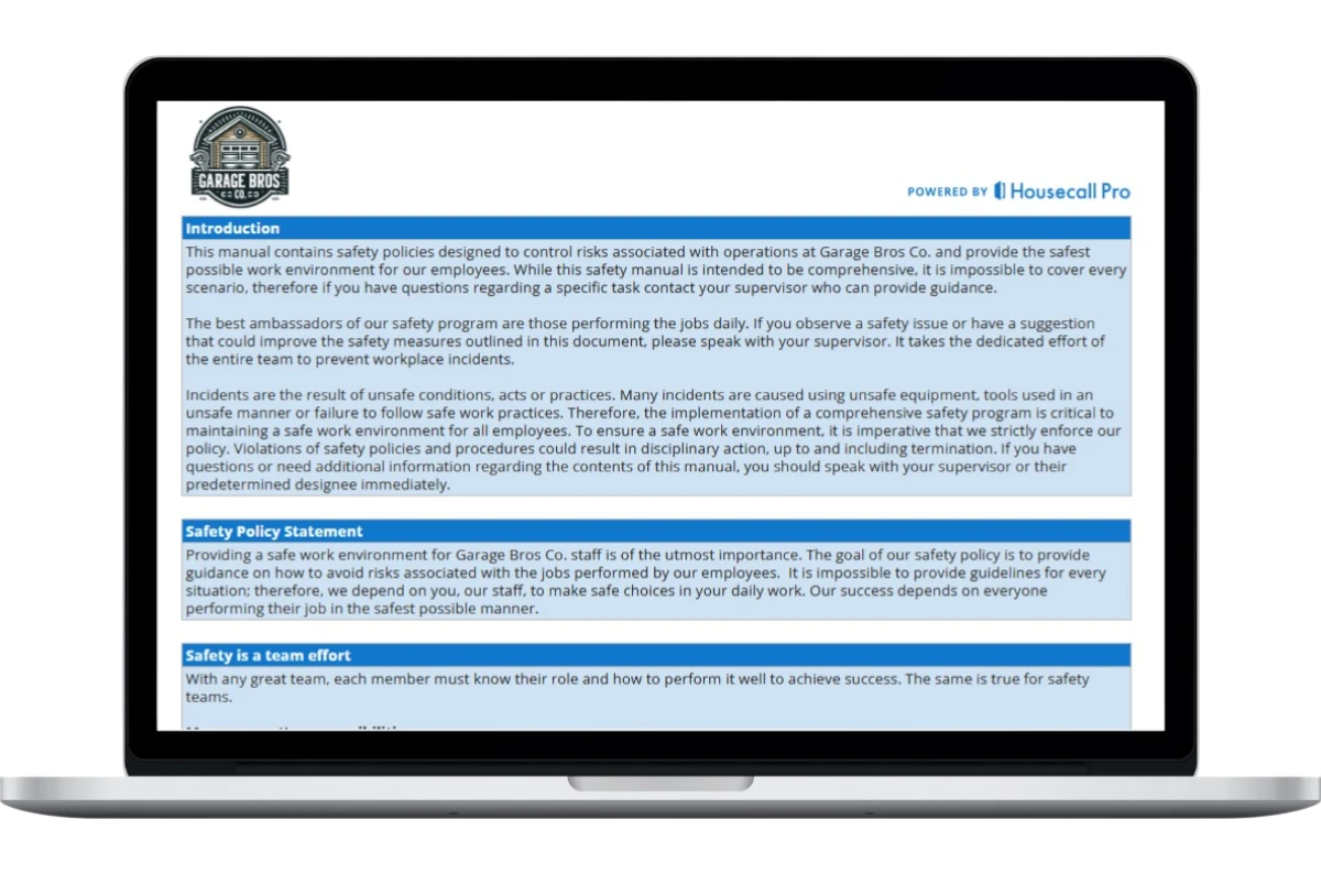 Laptop screen displaying a Garage Door Safety Manual Template with sections for Introduction, Safety Policy Statement, and Safety as a Team Effort, branded with Garage Bros Co. and powered by Housecall Pro.