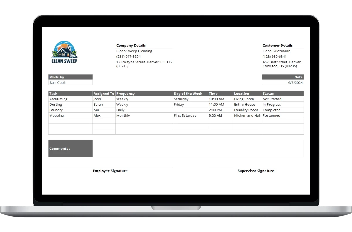 home cleaning roster template