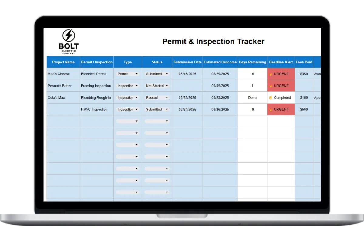 Laptop mockup of the Permit & Inspection Tracker template by Housecall Pro