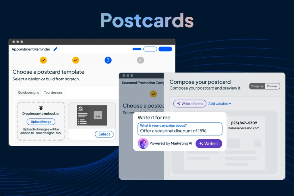 Postcard creation tool with AI writing and design upload options.