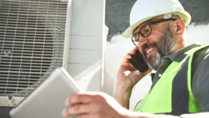 - Housecall Pro pro on a phone while looking at a tablet.