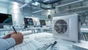 - Housecall Pro HVAC engineer drafting system plans beside an air conditioning unit and computer screens.