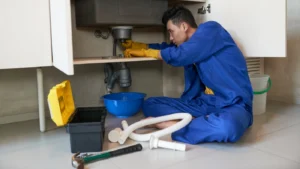 - Housecall Pro plumber clearing blockage in drain