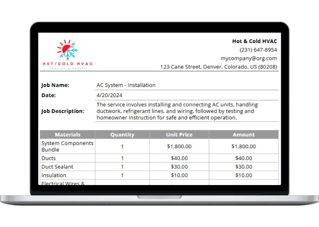 Modern HVAC flat rate pricing template with material costs, standard and markup prices powered by Housecall Pro.