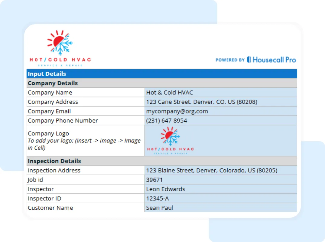 Detailed HVAC inspection report sheet showing voltage, refrigerant type, and inspector notes powered by Housecall Pro.