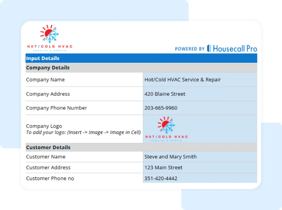 HVAC service receipt template with itemized service list, quantities, and total amount powered by Housecall Pro.