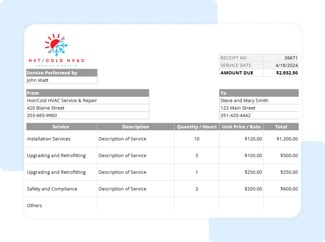 Professional HVAC receipt form in Excel format for contractors to record service hours and labor rates by Housecall Pro.