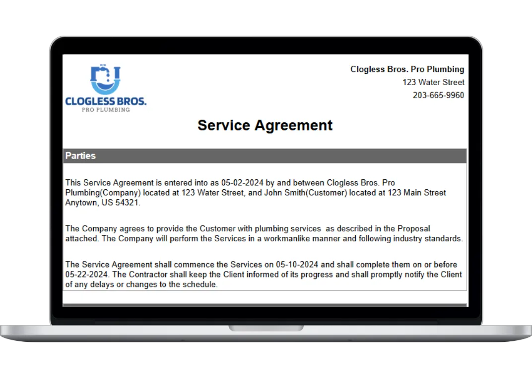 Example of a professional plumbing service agreement template created with Housecall Pro.