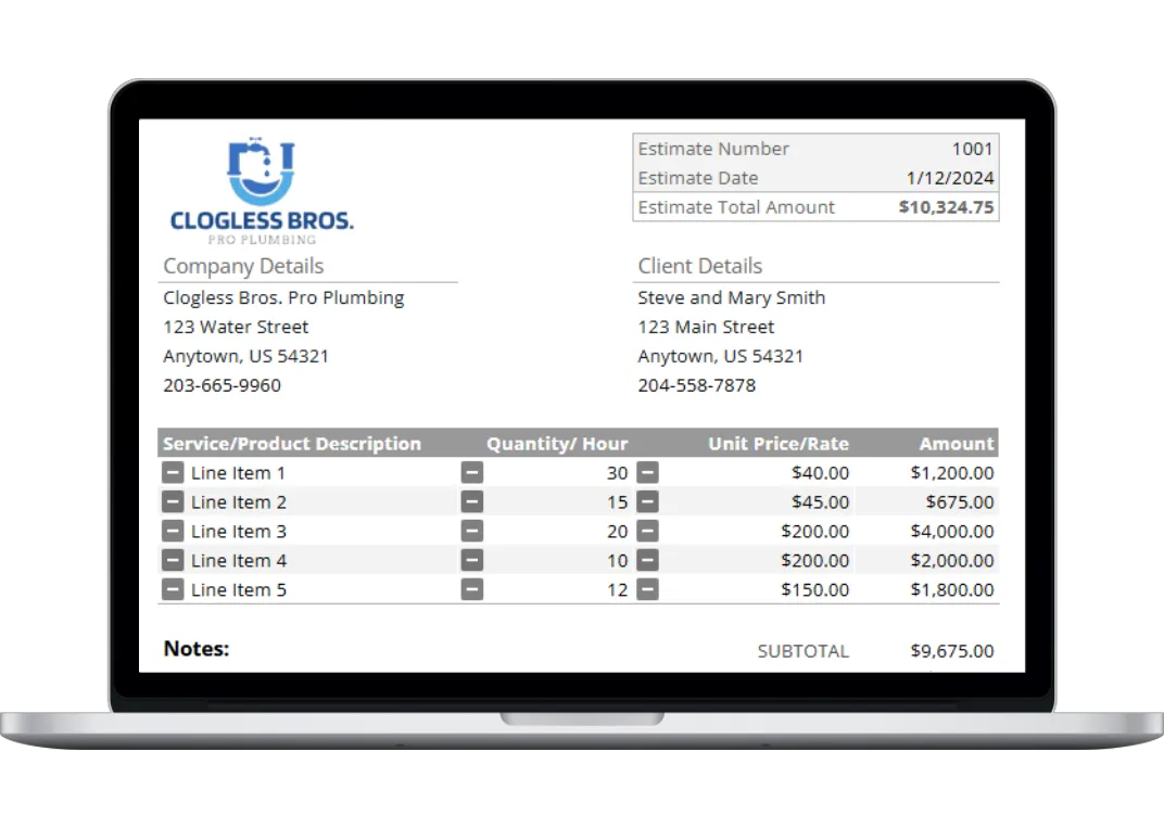 Plumbing estimate template example with detailed line items, hourly rates, and total cost calculation powered by Housecall Pro.