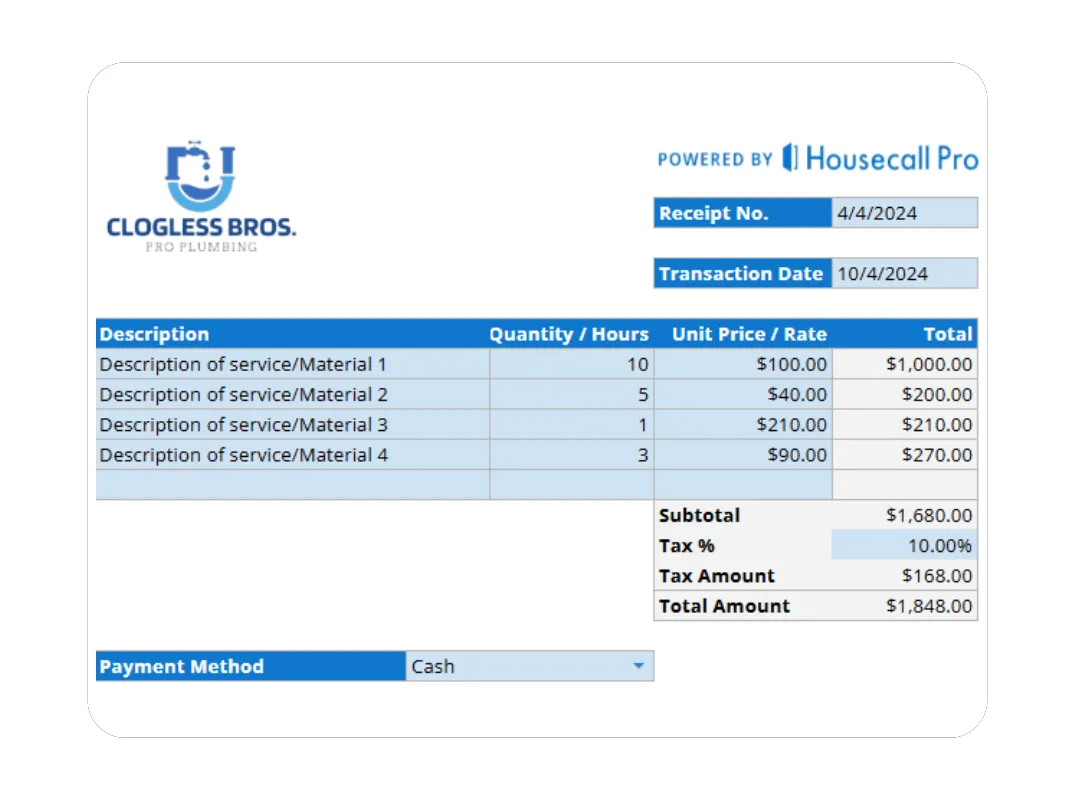 Plumbing service receipt example showing company info, customer contact, and payment summary for plumbing jobs.