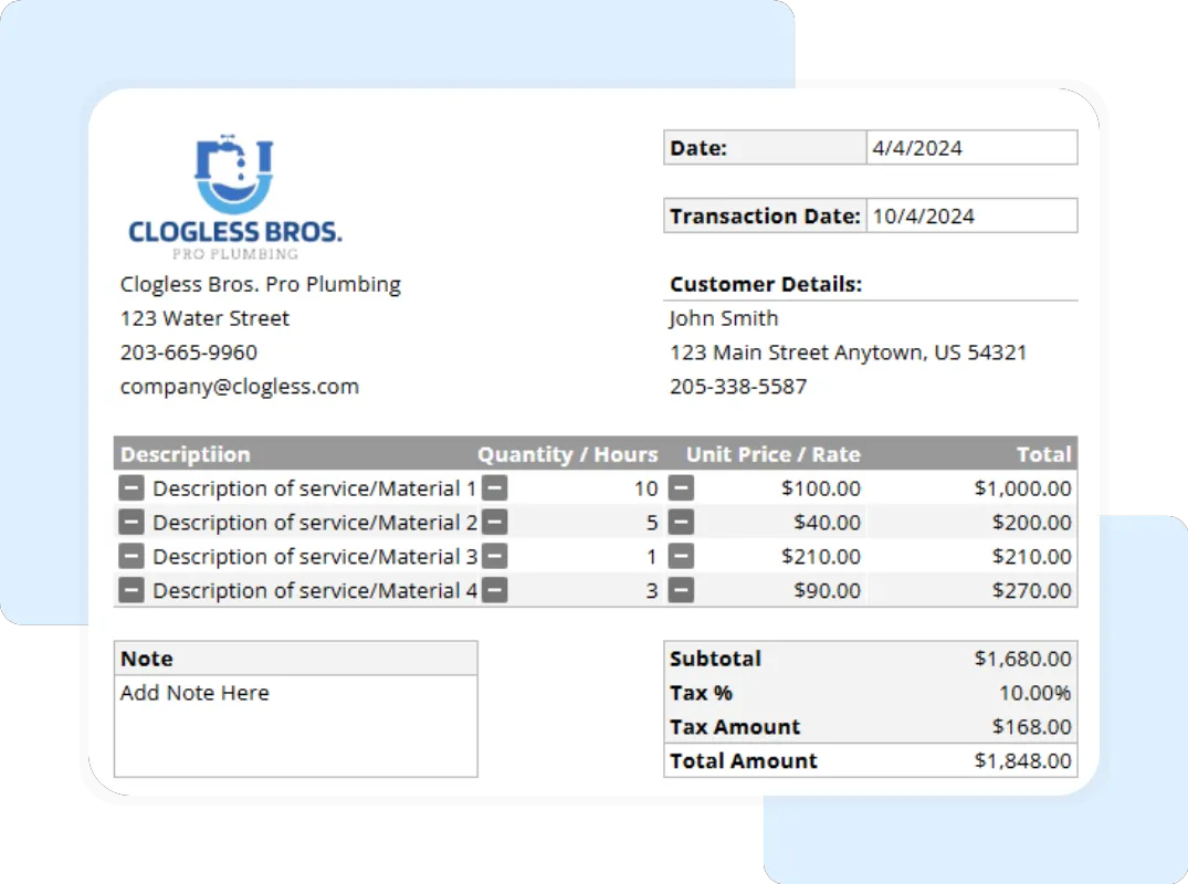 Professional plumbing receipt sheet for contractors with itemized materials, rates, and subtotal calculation.