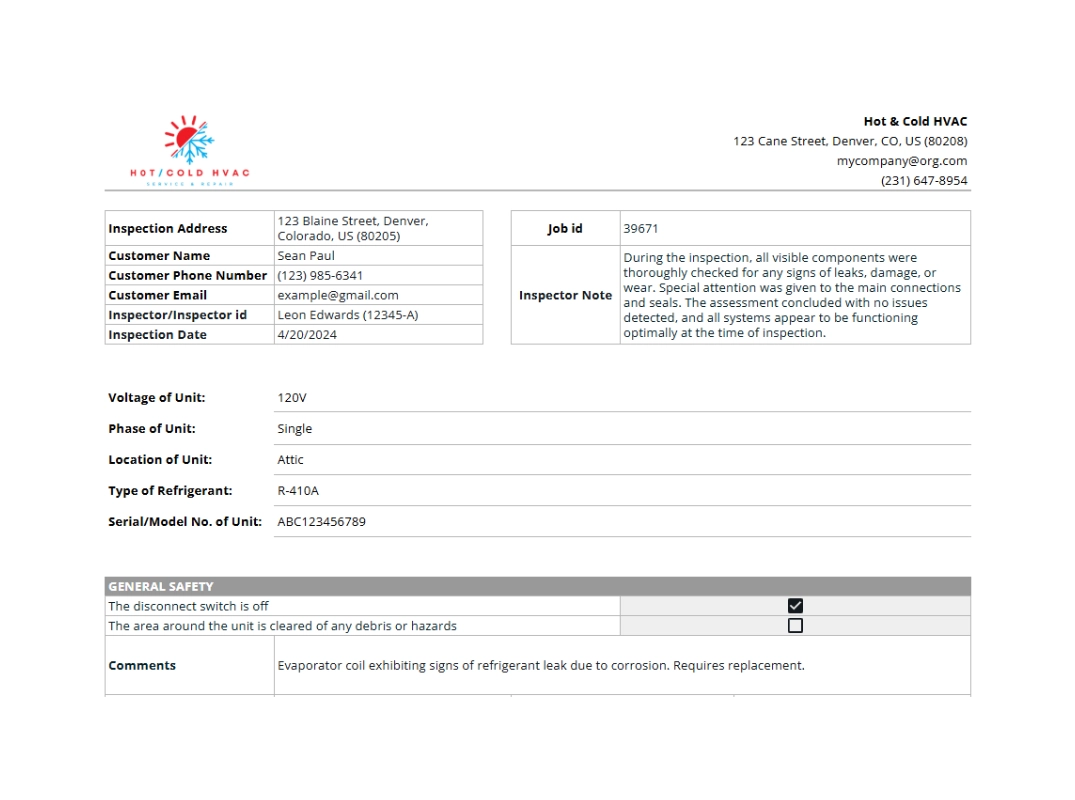 HVAC inspection checklist preview with voltage, refrigerant, and general safety items for HVAC professionals.