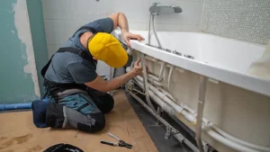 pro is servicing the pipe system of a bathtub