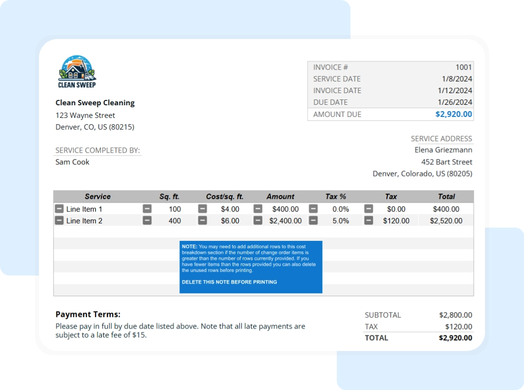 Housecall Pro cleaning service invoice template with completed service list, payment terms, and total cost summary.