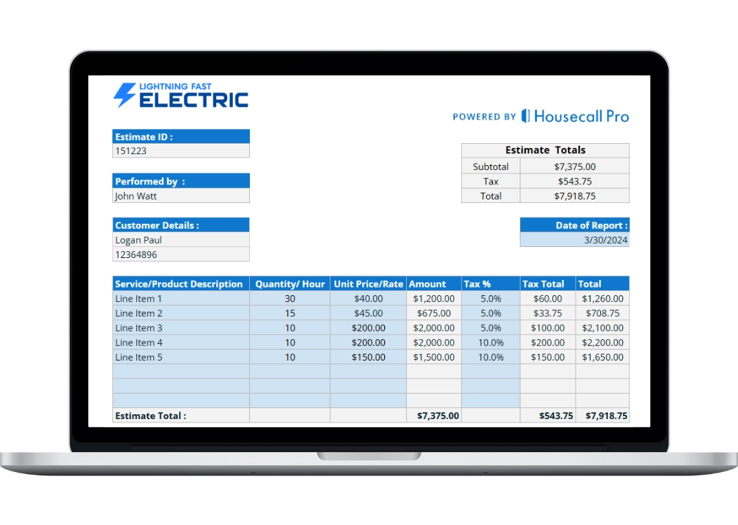 Electrical estimate template with subtotal, tax, and total cost for lighting and wiring services.