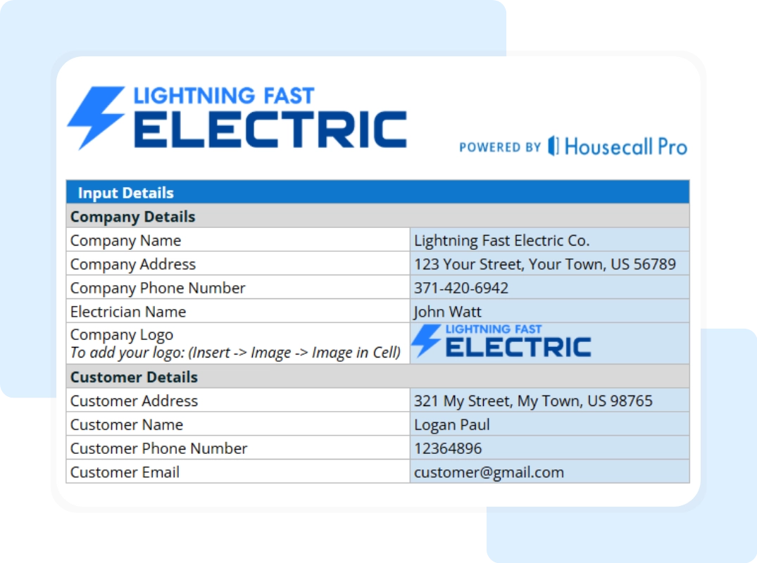 Electrical estimate sheet displaying company information, customer details, and cost breakdown.