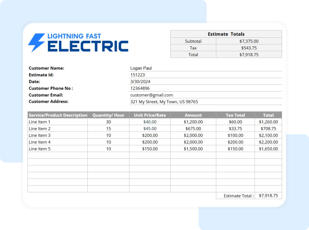 Electrical estimate template showing customer details, service list, and total amount powered by Housecall Pro.