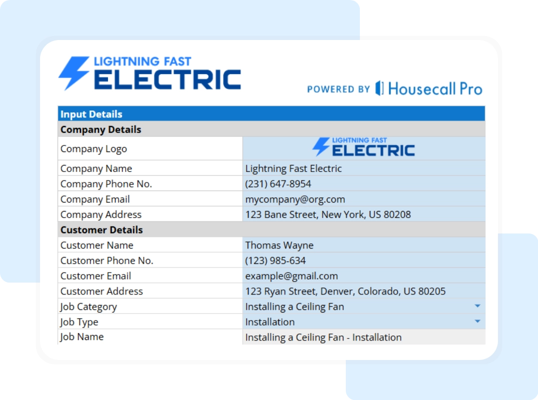 electrical proposal template with customizable company and customer information fields.