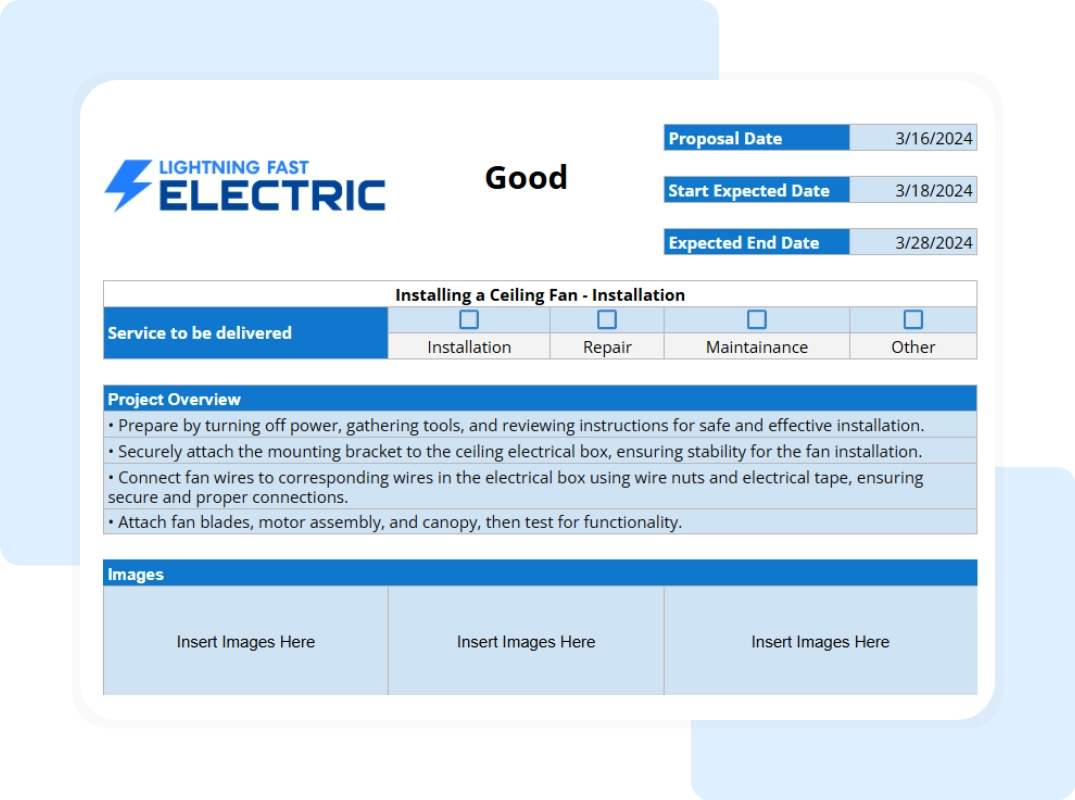 Editable proposal with services offered, overview of project, etc and automatically calculate the project total
