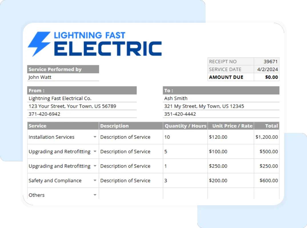 Professional electrical receipt example including service descriptions, rates, and tax summary.