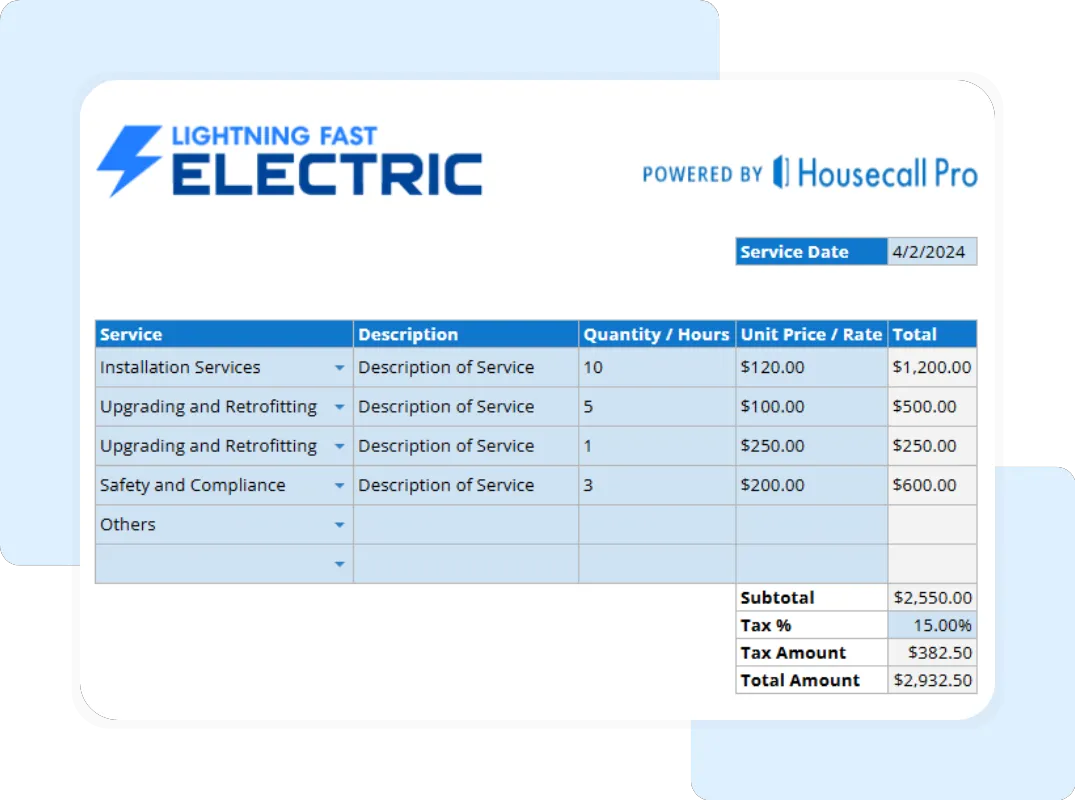 Electrical service receipt spreadsheet with unit price, quantity, and total cost for electricians.