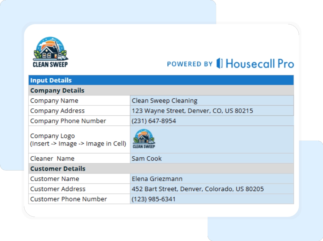 Housecall Pro cleaning business invoice template with company and customer information fields.