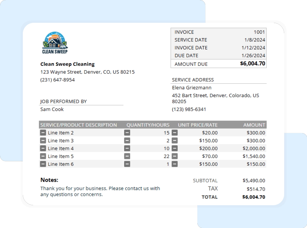 Housecall Pro cleaning business invoice example with company, customer, and payment details.