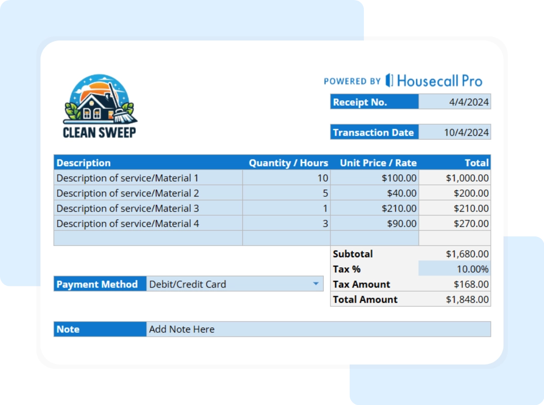 Receipt Details tab displaying a formatted table to itemize cleaning services, quantities, and rates.