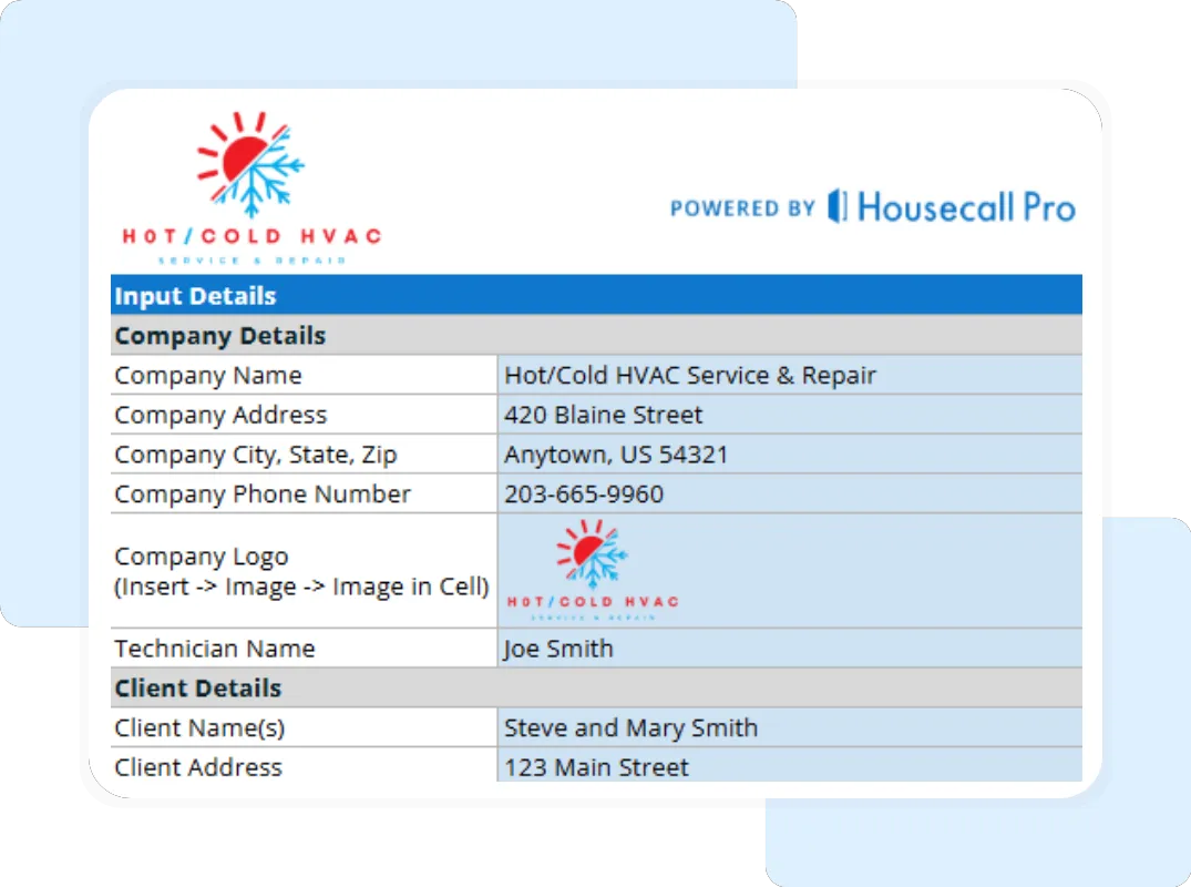 Editable HVAC invoice form showing service items, quantity, unit price, and tax calculation.