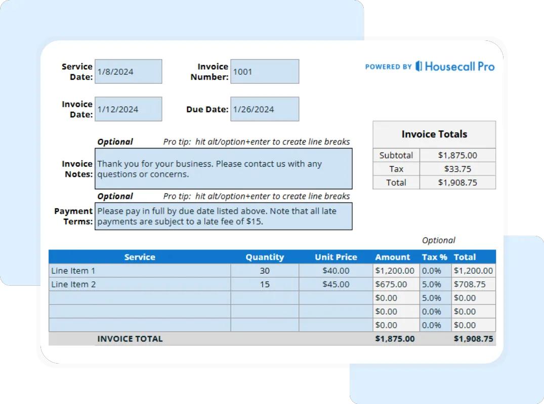 Professional HVAC invoice spreadsheet with line items, subtotal, tax, and grand total.