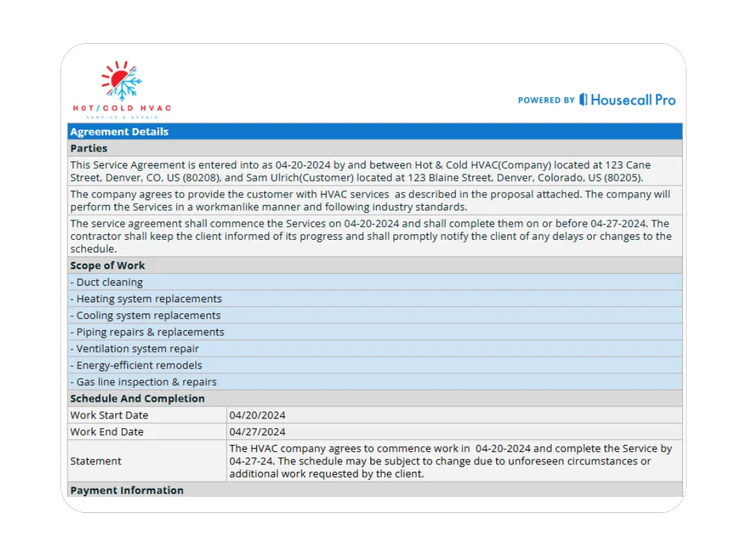 HVAC service agreement example showing company details, scope of work, and agreement terms for contractors.