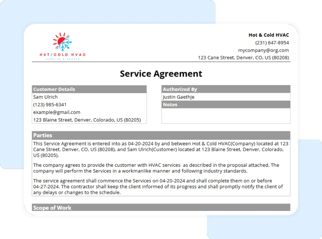 HVAC maintenance agreement template including work schedule, scope of work, and client responsibilities.