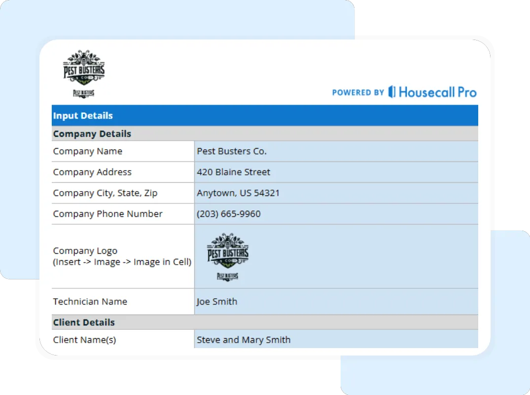 Editable pest control estimate sheet with itemized services, labor hours, and total cost fields.