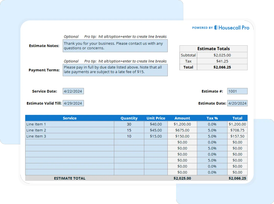 Professional pest control estimate form including line items, tax calculation, and total amount due.
